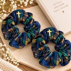 Navy Green Plaid Scrunchie Set Gold Cross Preppy Hair Accessories